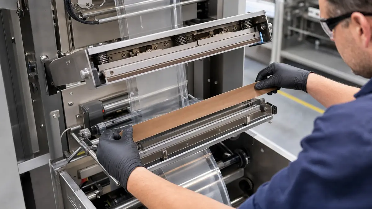 Maintenance technician applying brown PTFE coated fiberglass tape to an open VFFS machine sealing jaw
